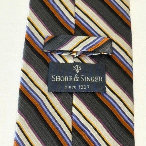 Shore & Singer Hand Made Silk Necktie | Multicolor Diagonal Stripes | EUC - Picture 3 of 7